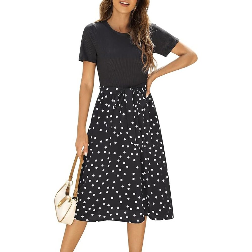 Small Polka Dot Midi Dress / Short Sleeve Black and White / Modest A-Line Summer